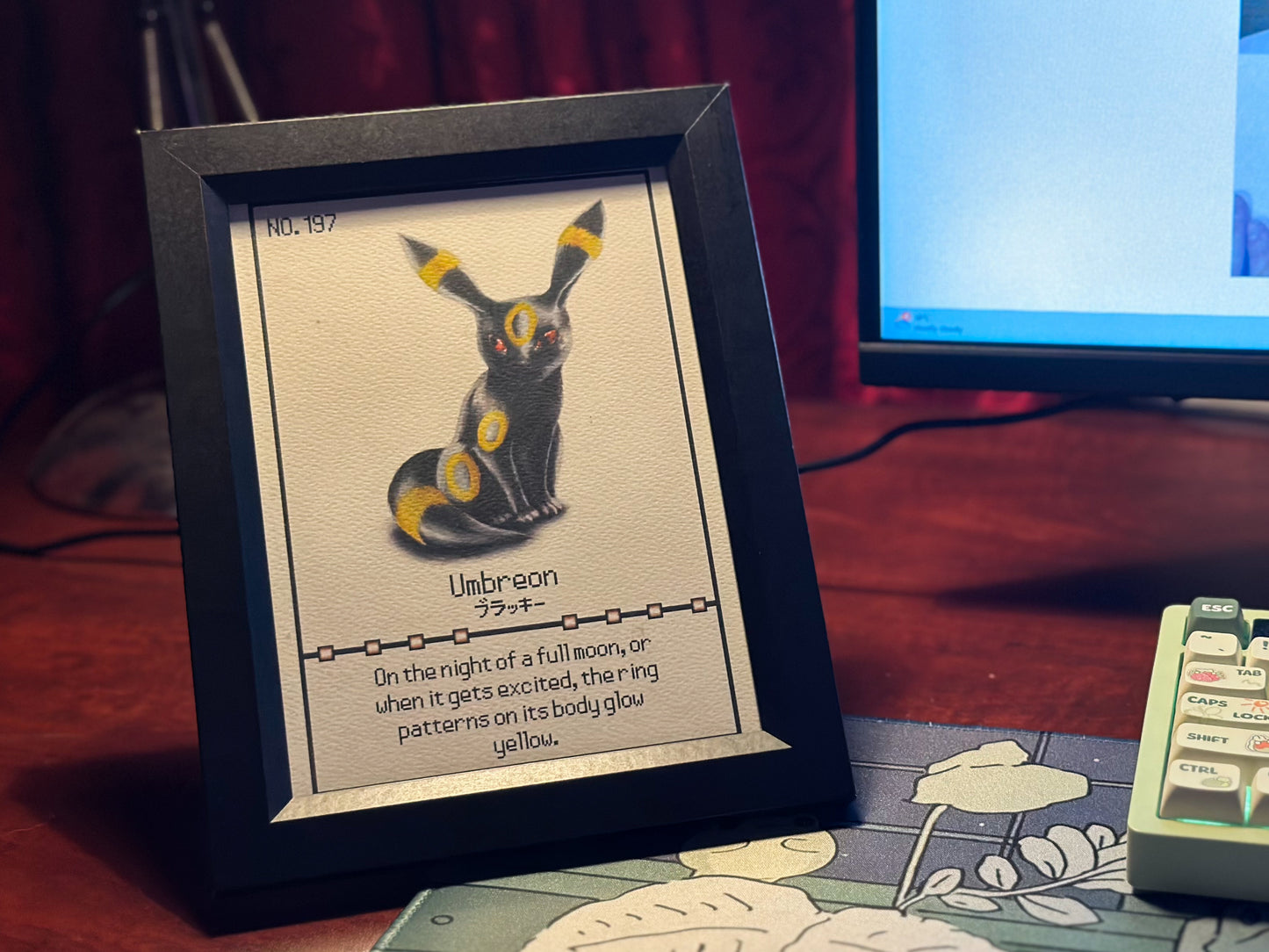 Showing the picture of the pokemon umbreon pokedex print inside a picture frame on my desk