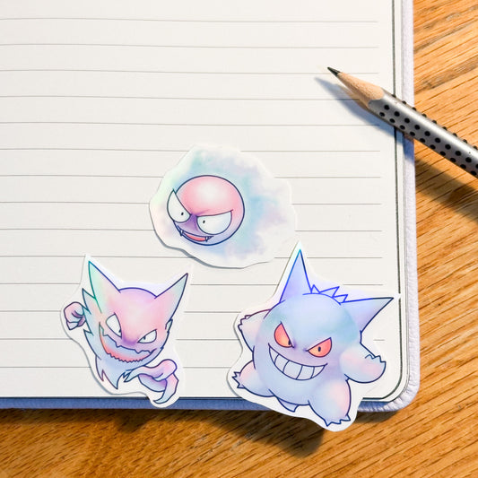 showing the whole set together for the pastel pokemon gengar, haunter and gastly stickers