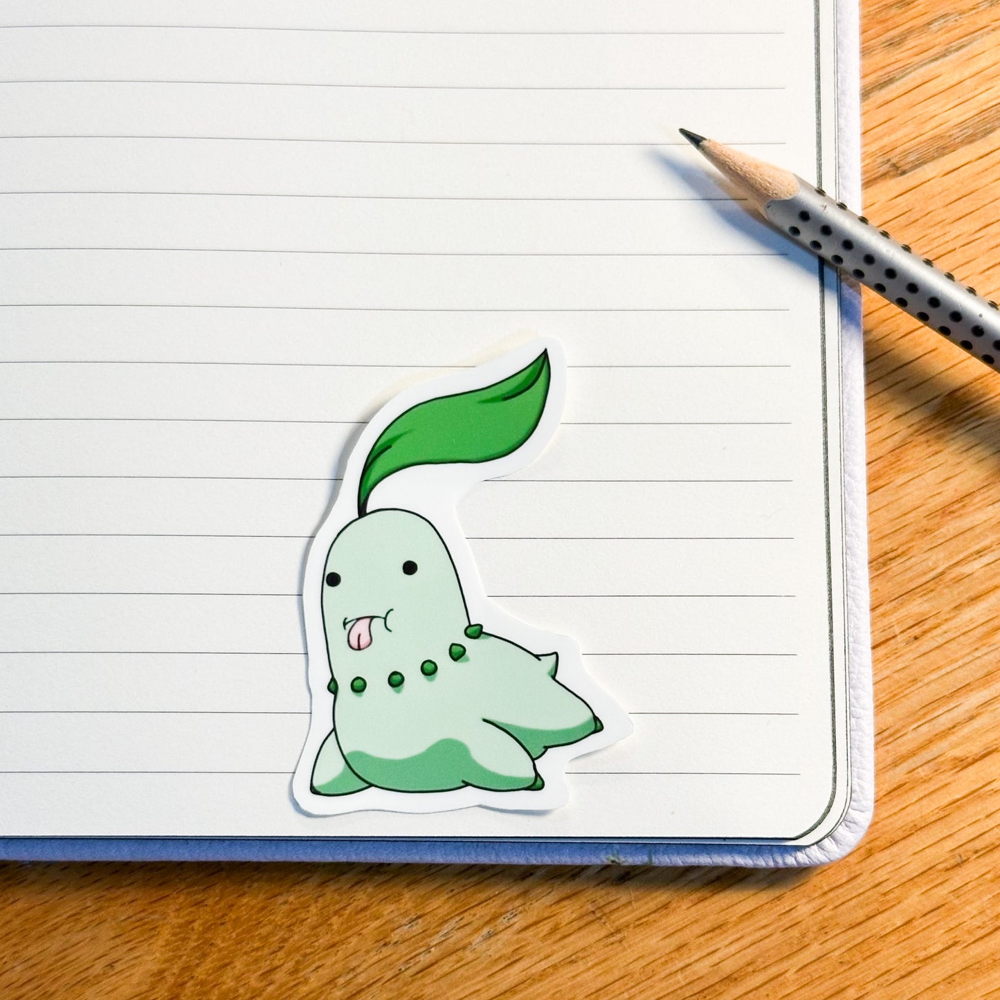 showing the Chikorita variant by itself or the derpy pokemon stickers of bulbasaur, Chikorita, treecko, turtwig, snivy, chespin, grooky, rowlett, sprigatito