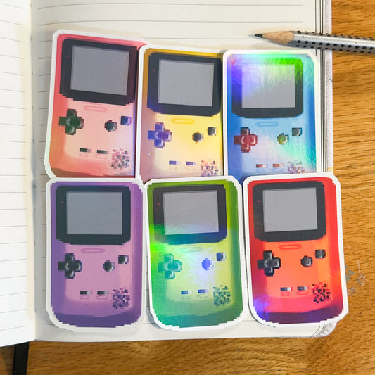 Pixel nintendo gameboy colour sticker with all the colours red, blue, green, yellow, purple, pink
