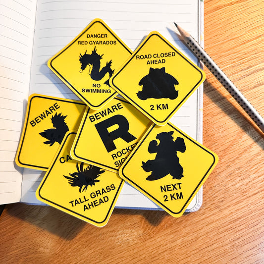 Pokemon sticker set of caution signs for Gyarados, snorlax, team rocket, spearow, kangaskhan, tall grass