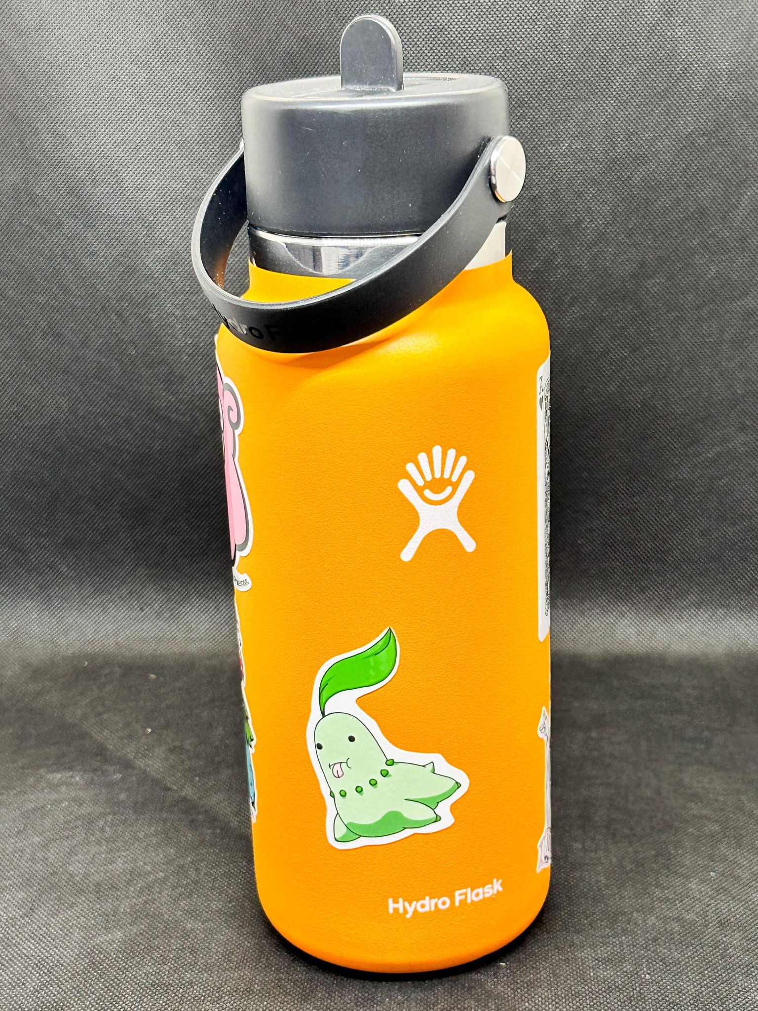 showing the stickers on a drink bottle or the derpy pokemon stickers of bulbasaur, Chikorita, treecko, turtwig, snivy, chespin, grooky, rowlett, sprigatito