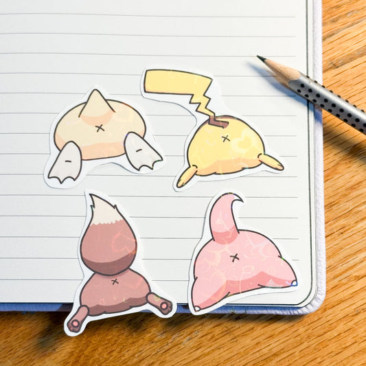 showing the 4 variants for the pokemon pikachu, eevee, psyduck and slowpoke stickers