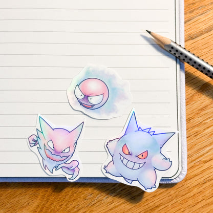 showing the whole set together for the pastel pokemon gengar, haunter and gastly stickers